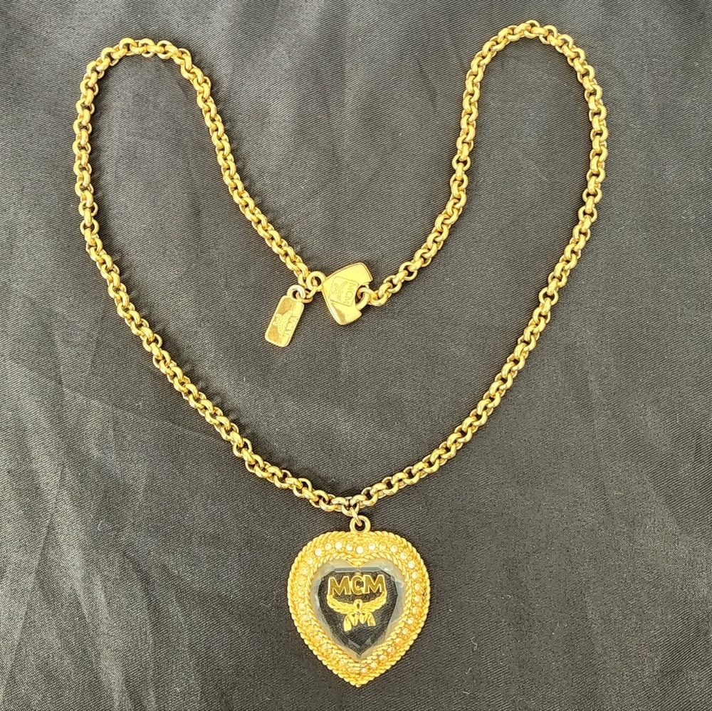 Auth RARE MCM Heart Crystal Gold-Tone Pendant Necklace
